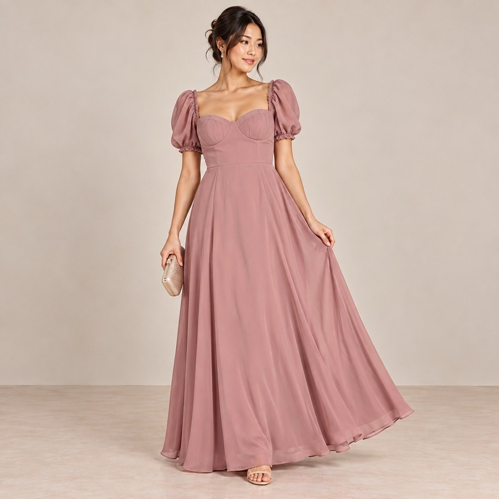 Barbie x Azazie Dusty Rose Chiffon Puff Sleeve Maxi Dress A14 Sweetheart Gown